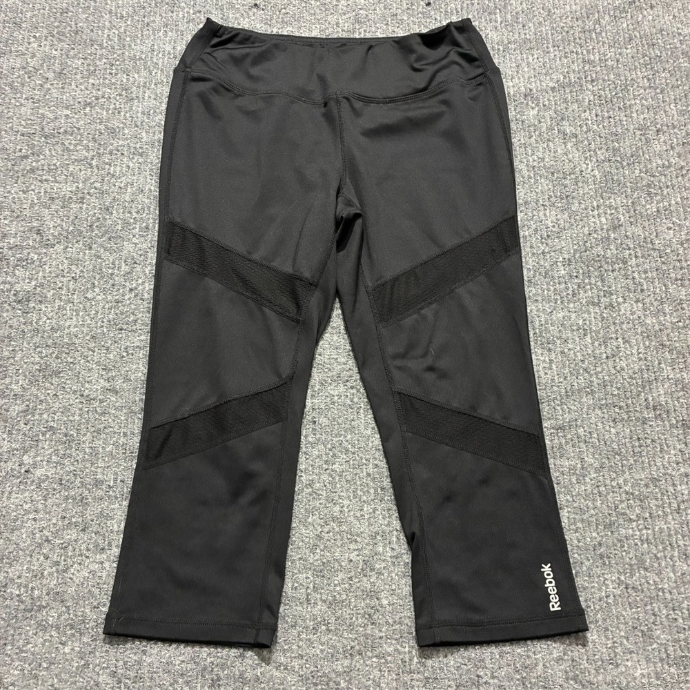 Reebok Womens Capri Leggings Size M Black Mesh Panel Pull On Stretch Activewear